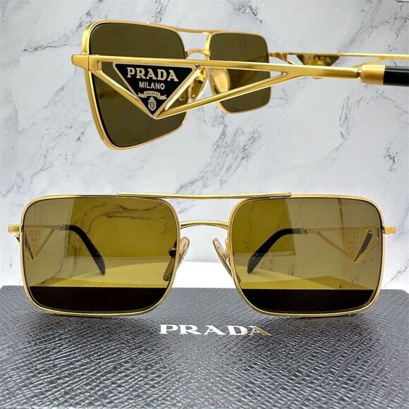 PRADA Sunglasses Gold Metal Square Triangle Black Logo Made in Italy Authentic - Picture 11 of 16